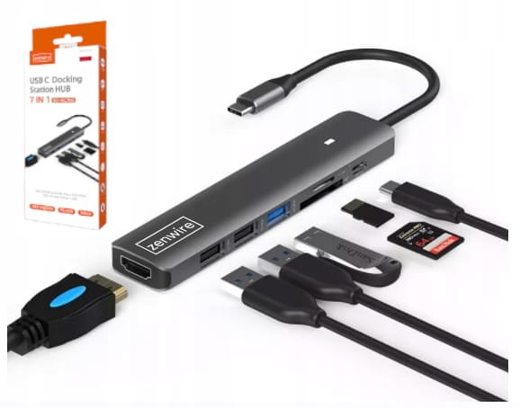 HUB ADAPTER USB-C 7w1 HDMI 4K USB 3.0 SD PD kompatybilny z Macbook M1 M2 M3 LED Zenwire BS-HC703 - zdjęcie 2