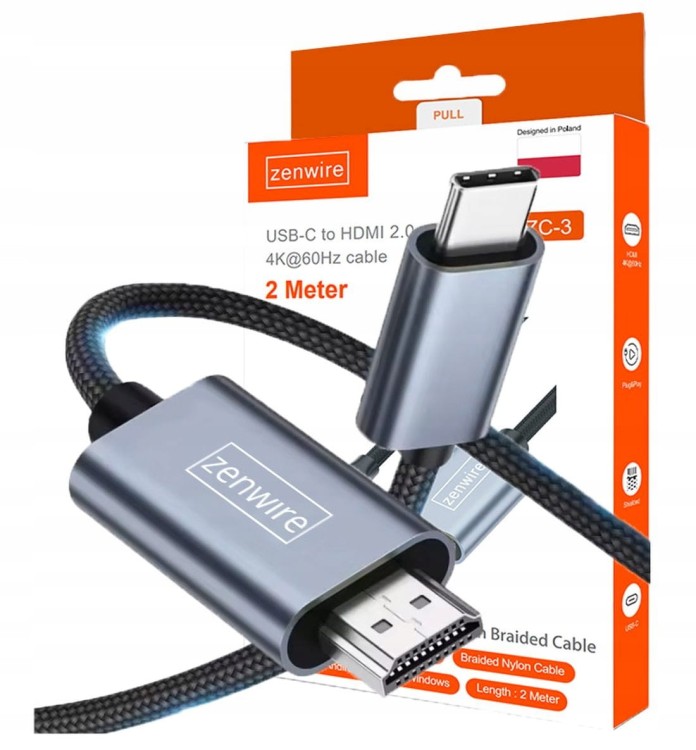 Kabel Adapter Przejściówka USB-C HDMI 4K 60Hz MHL DEX do Telefonu Macbooka Zenwire ZC-3 - zdjęcie 1